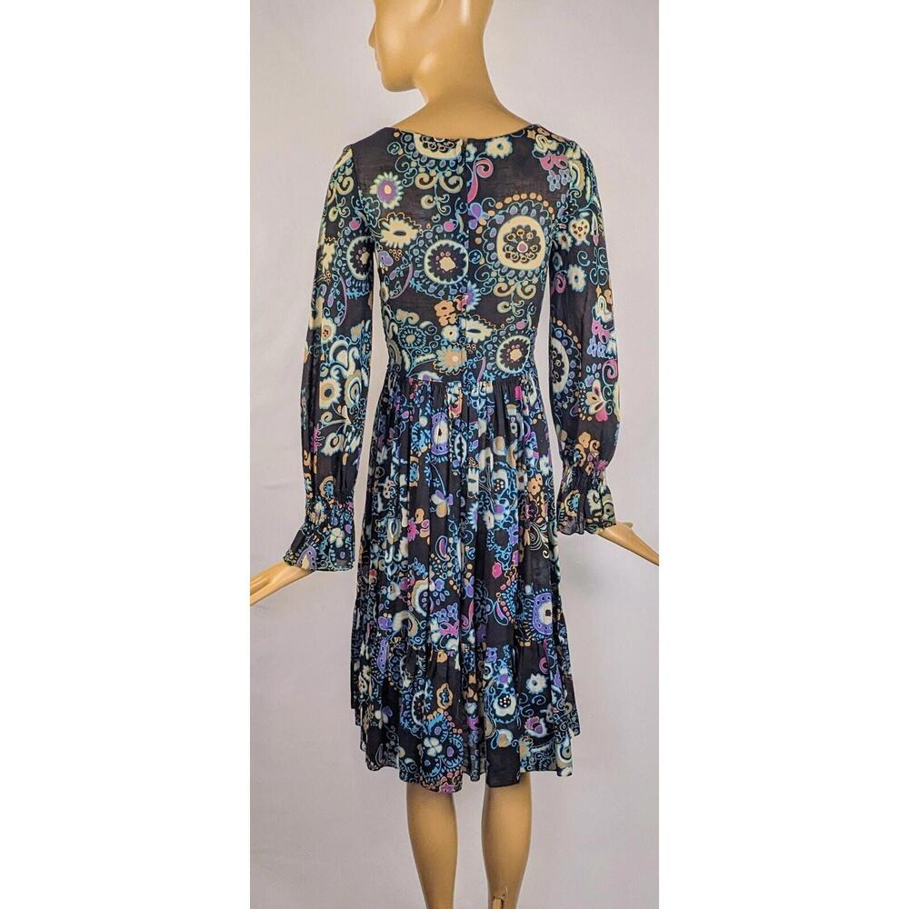 1960s dark floral psychedelic‎ long sleeve minidress vintage bell sleeve flare - Picture 6 of 6